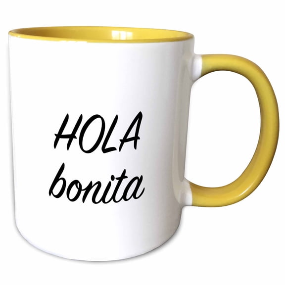 3drose, Hola Bonita. Black Lettering on a White Background., 11oz Two-tone Yellow Mug