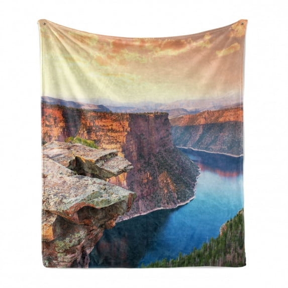 Wyoming Soft Flannel Fleece Throw Blanket, Aerial Vista Photo of Flaming Gorge National Recreation Area Panorama at Sunset, Cozy Plush for Indoor and Outdoor Use, 70" x 90", Multicolor, by Ambesonne