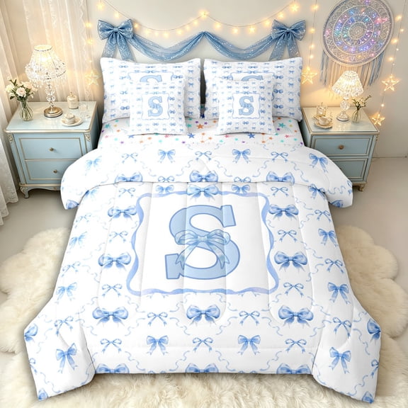Manfei Kawaii Ribbon Bow Personalized Initial S Twin Bedding Sets 7-Piece for Girls,Romantic Geometric Plaid Bow Tie Bedding Comforter Set for Kids Teens,Lightweight Room Decor