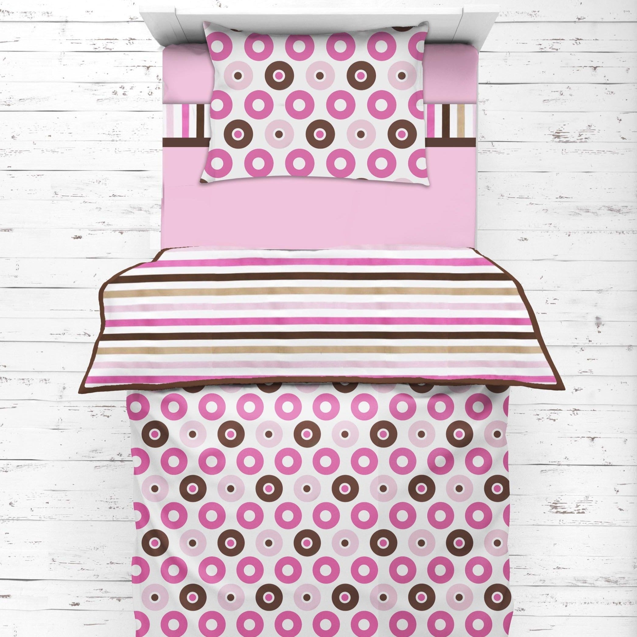 Bacati - Girls 4 pc Toddler Bedding/3 pc Sheet Set 100% Cotton Percale, Mod Dots/Stripes, Pink/Fuchsia/Beige/Brown