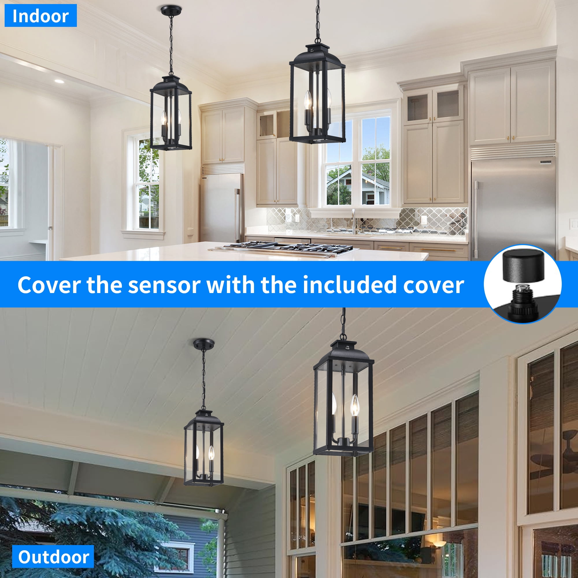 Large Outdoor Pendant Light 2-Light, 15.8" Dusk to Dawn Exterior Hanging Lights Fixture with Clear Glass, Modern Black Outdoor Chandelier for Gazebo Porch Patio Front Door