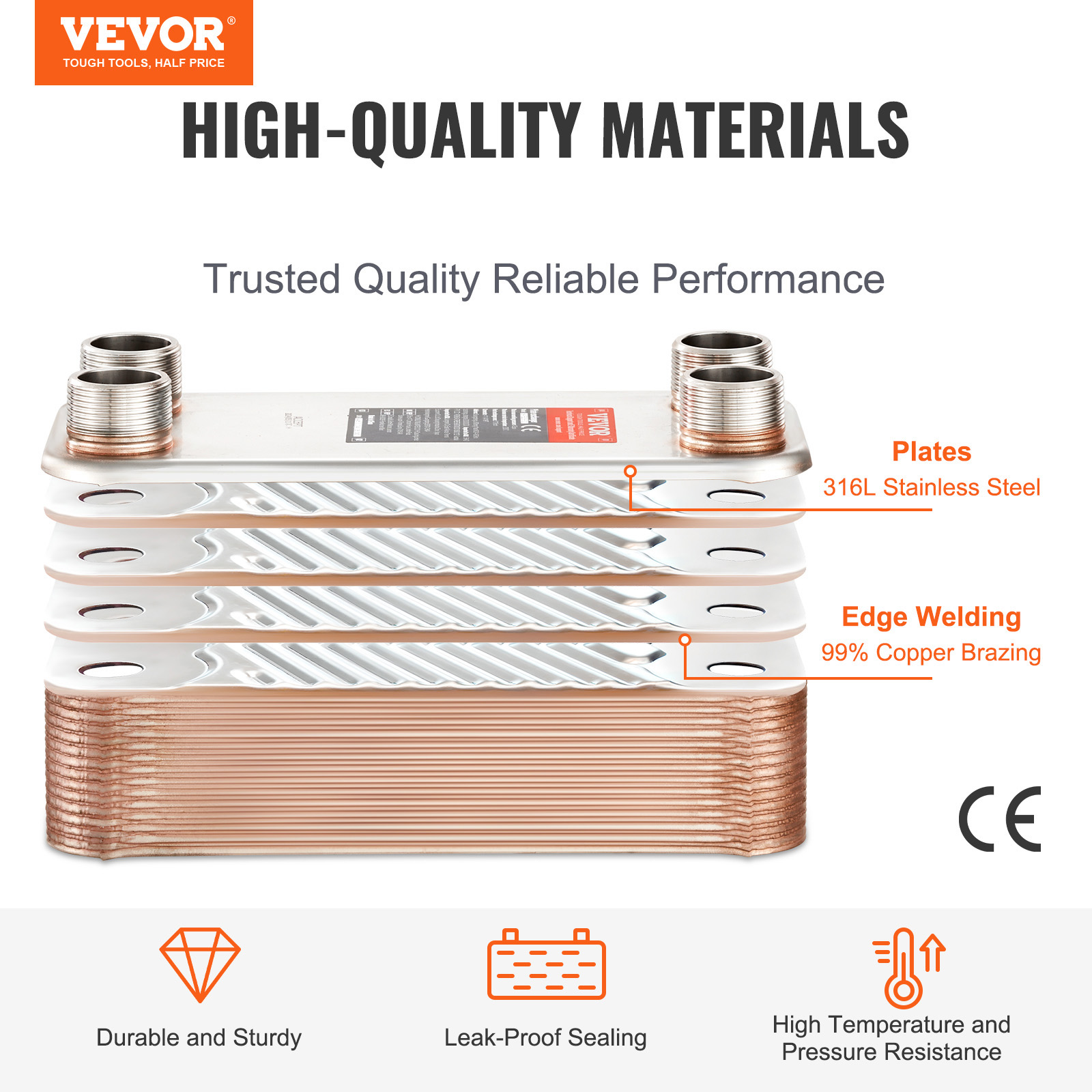 VEVOR Heat Exchanger, 5"x 12" 30 Plates Brazed Plate Heat Exchanger, Copper/316L Stainless Steel Water To Water Heat Exchanger For Floor Heating, Water Heating, Snow Melting, Beer Cooling