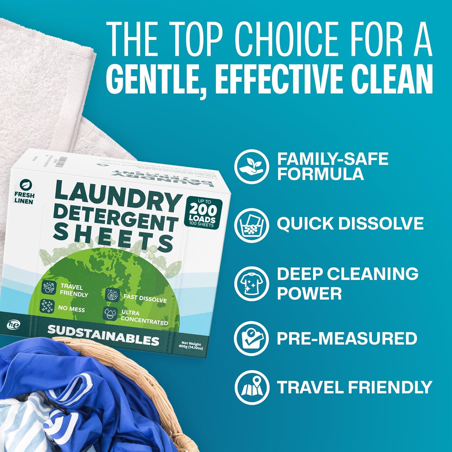 Laundry Detergent Sheets 200 Loads – Dissolvable Laundry Sheet for Washing Machines, Compact Alternative to Liquid & Powder Detergent, Travel-Friendly Soap | Fresh Linen