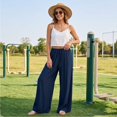 thumbnail image 5 of Vxararl Wide Leg Flowy Palazzo Pants for Women High Waisted Flowy Lounge Trousers with Drawstring Fashion Beach Travel Vacation Fall Clothes Palazzo Pants for Women Navy L, 5 of 7