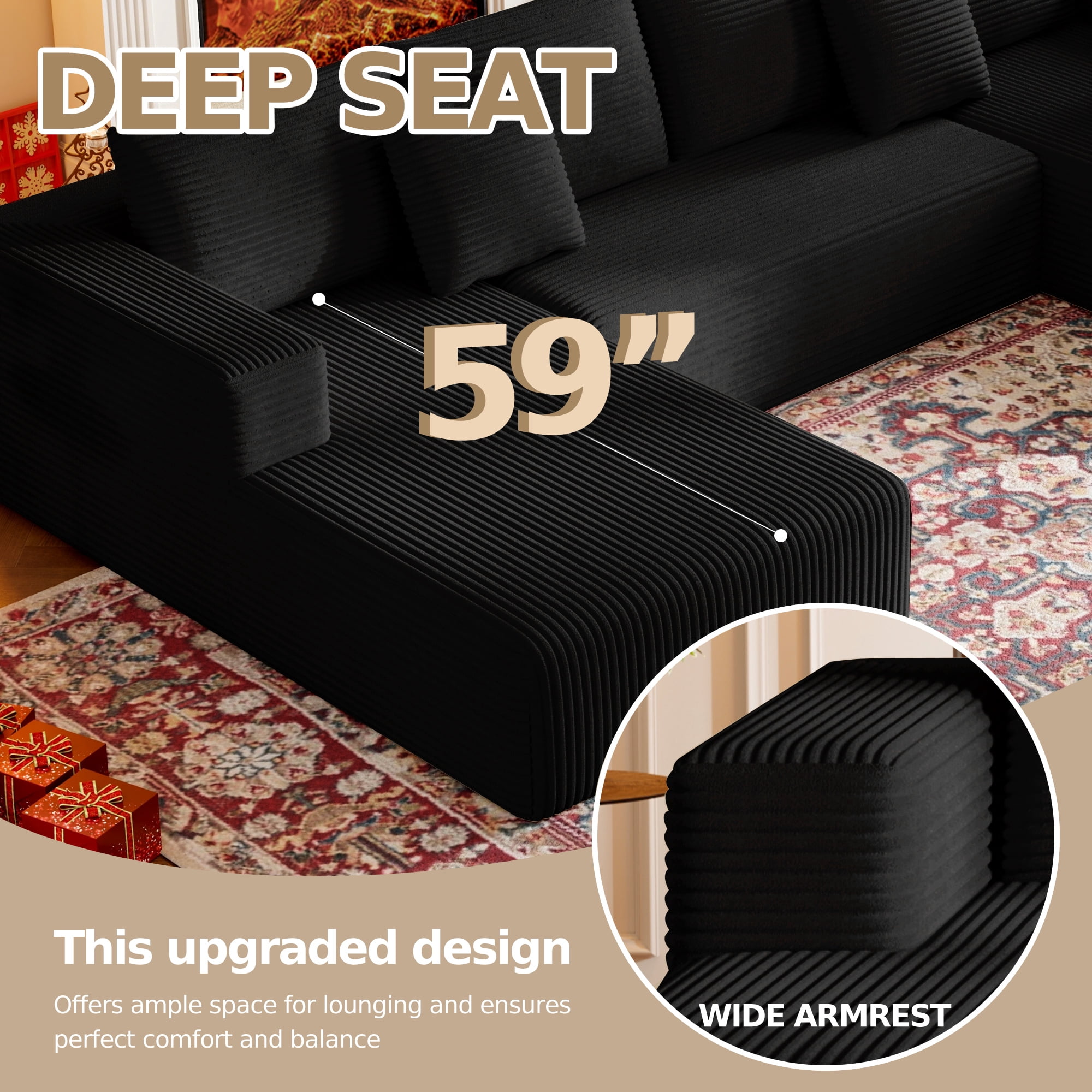 DILORA Large U-Shaped Cloud Sectional Sofa Modular Compressed 134 Inches Black 3 Packages