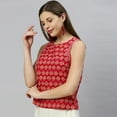 thumbnail image 4 of Janasya Indian Round Neck Sleeveless Floral Print Red Cotton Top For Women, 4 of 6