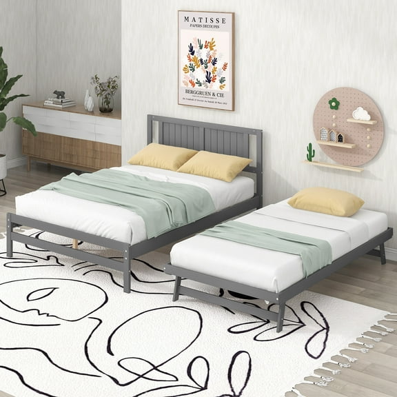 MODERNLUXE Wood Full Size Daybed with Trundle, Adjustable Trundle, Gray
