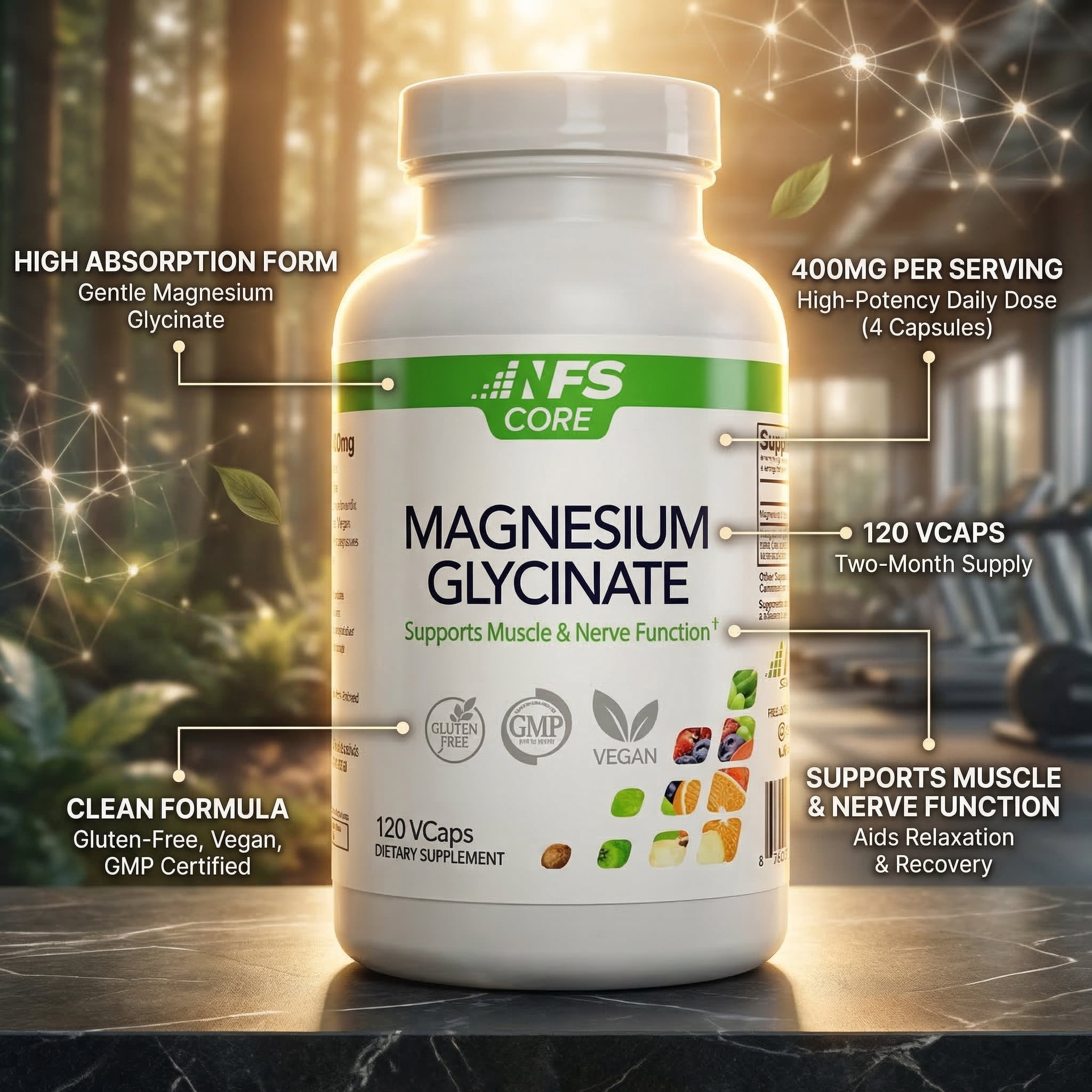 NF Sports Core Magnesium Glycinate High Absorption 400 mg per Serving Vegetarian Capsules, 60 Servings, 120 Count