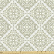 Damask Fabric by the Yard, Nature Tones Rhombus Style Ivy Floral Elements on Plain Background Pattern, Decorative Upholstery Fabric for Sofas and Home Accents, White and Pale Khaki by Ambesonne