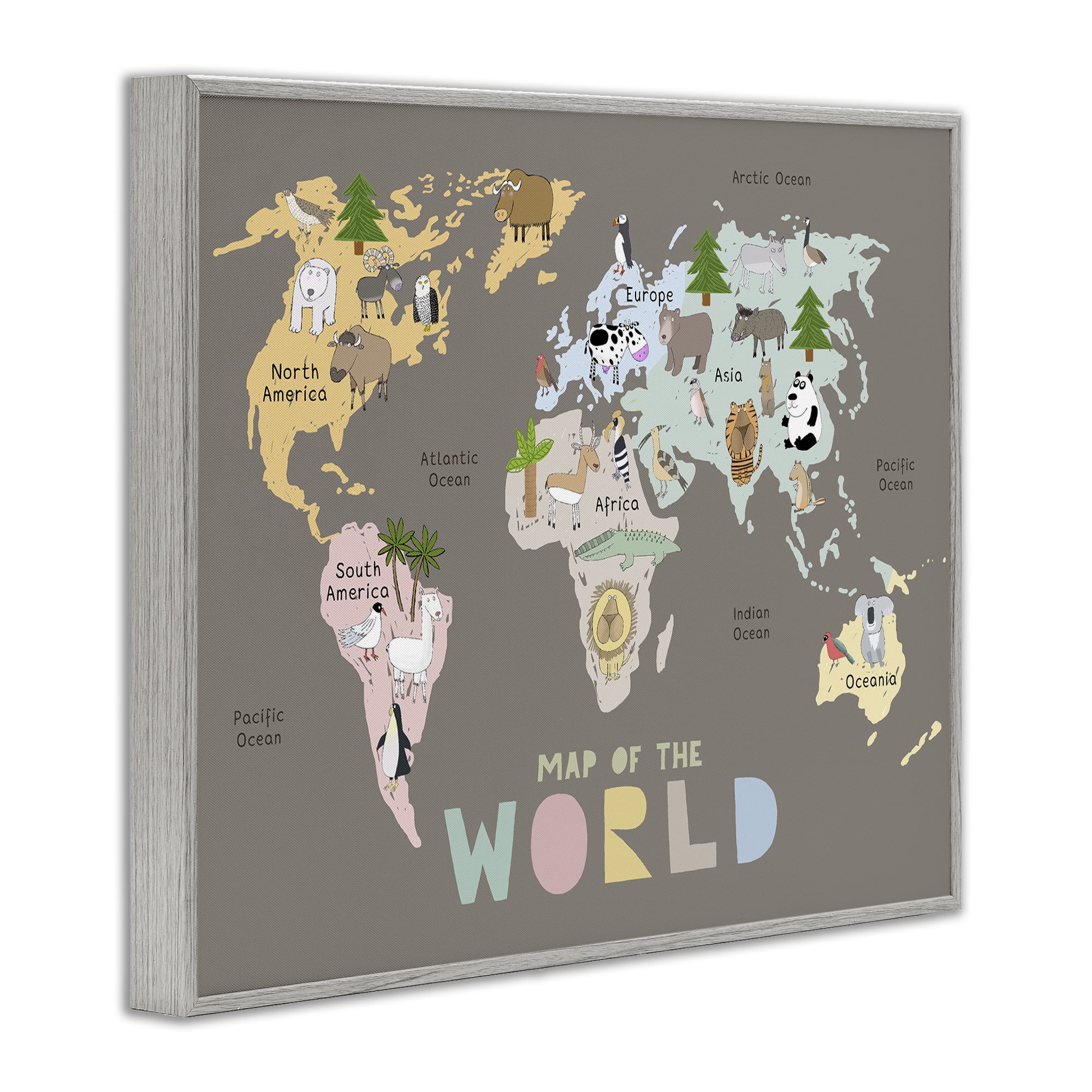 Kid's Map Of World Brown Gray Framed Giclee Art, design by Carla Daly