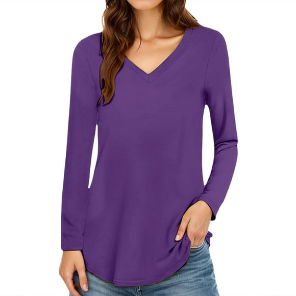 Women's V Neck Solid Color Long Sleeve T Shirt - Lightweight Stretchy Top for Indoor Outdoor Activities - Size Chart Reminder