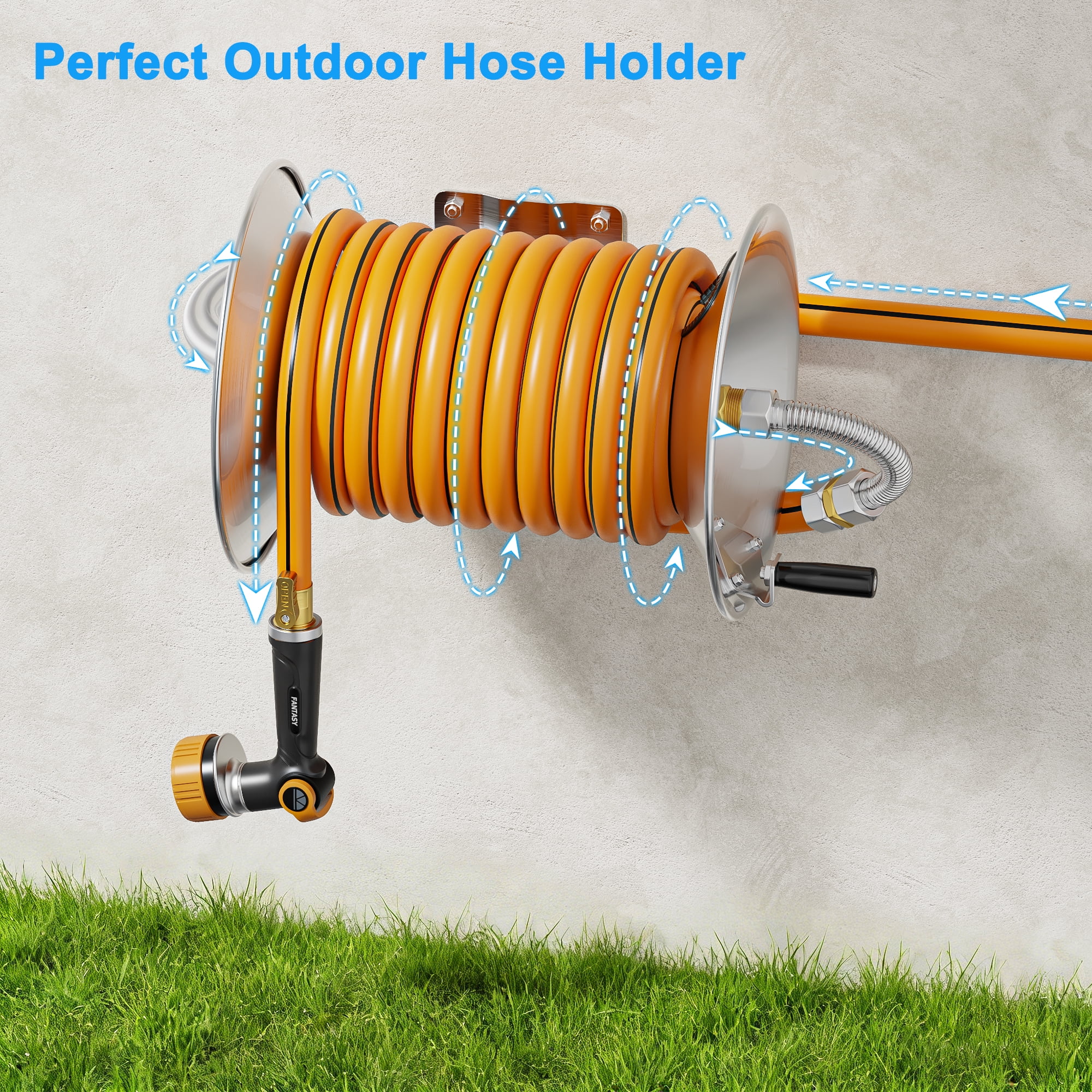 FANHAO Standing or Wall Mounted Garden Hose Reel, Outdoor Heavy-Duty Water Hoses Holder Winder, Holds 125 Ft of 5/8-Inch Hose, Brass Fitting (Hose Not Included)