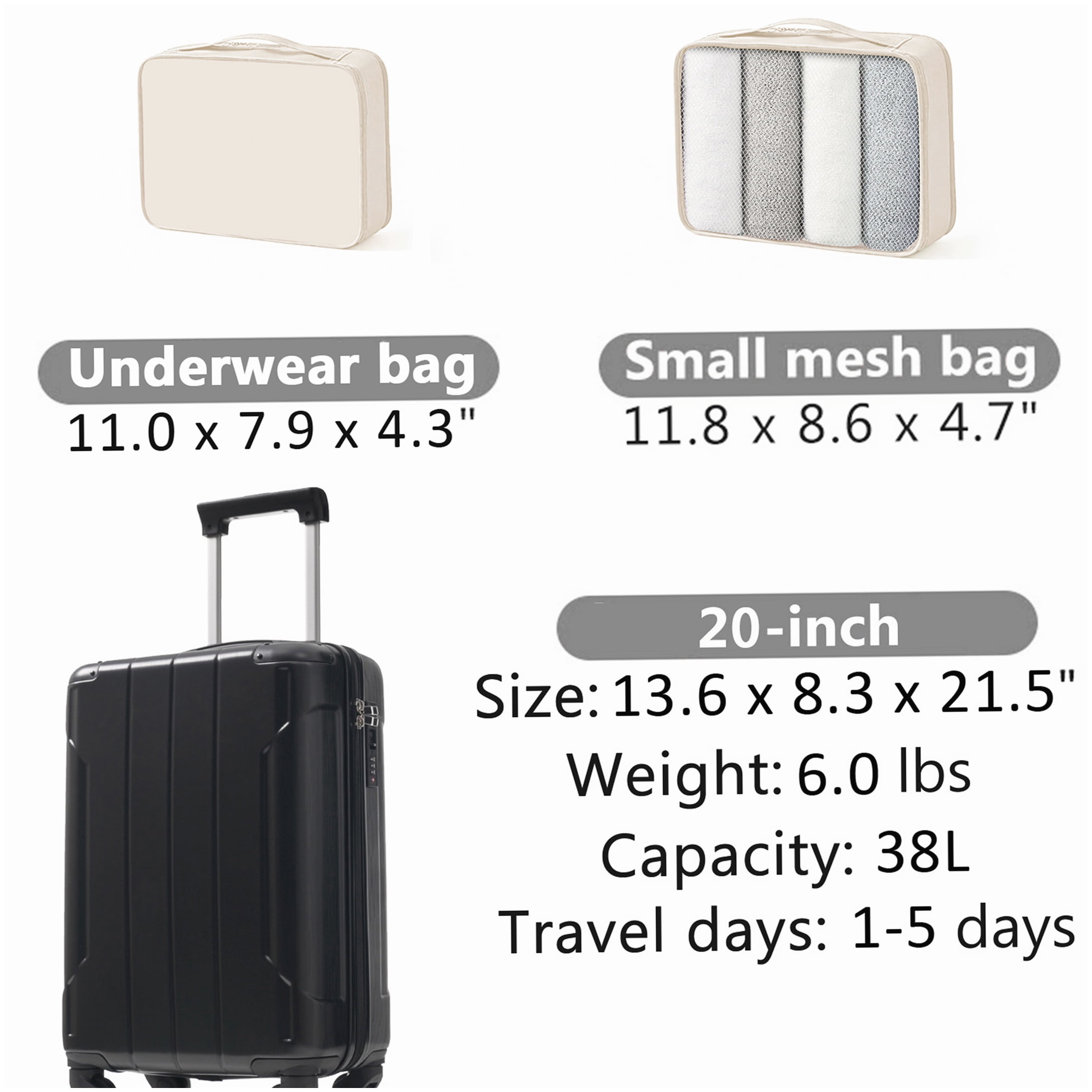 MANGIJOY TSA Lock Carry On Luggage 20 Inch, Expandable ABS Hardshell Suitcase with 8 Spinner Wheels, Lightweight Travel Bag with Packing Cubes, Black
