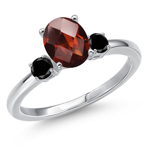 Gem Stone King 14K White Gold Red Garnet and Black Diamond Engagement Ring for Women | 1.73 Cttw | Oval Checkerboard 8X6MM | Gemstone January Birthstone | Size 5