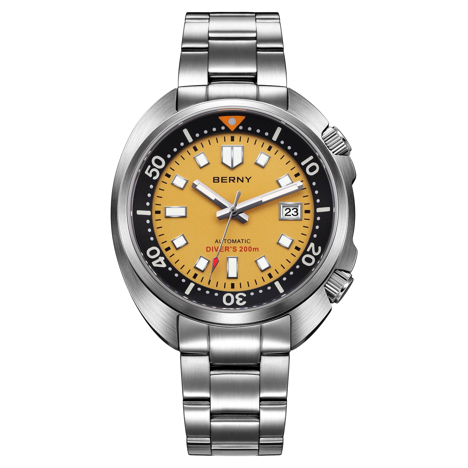 BERNY Automatic Dive Watches for Men, Sport 200M Waterproof Analog Mechanical Watch with Date Display, Super Luminous, Stainless Steel, Sapphire Crystal, Fashion Men's Diver Watch (Yellow)