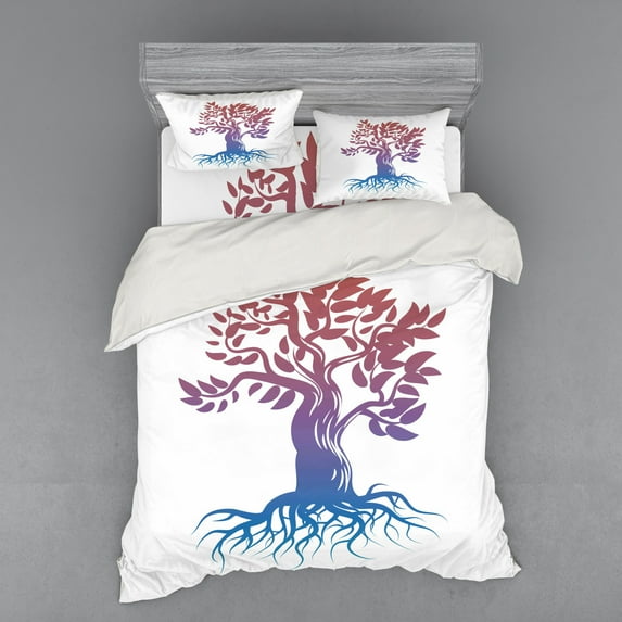 Abstract Duvet Cover Set, Ombre Tree Silhouette Roots Illustration Plain Background, Bedding Set with Shams and Fitted Sheet, 3 Sizes, by Ambesonne