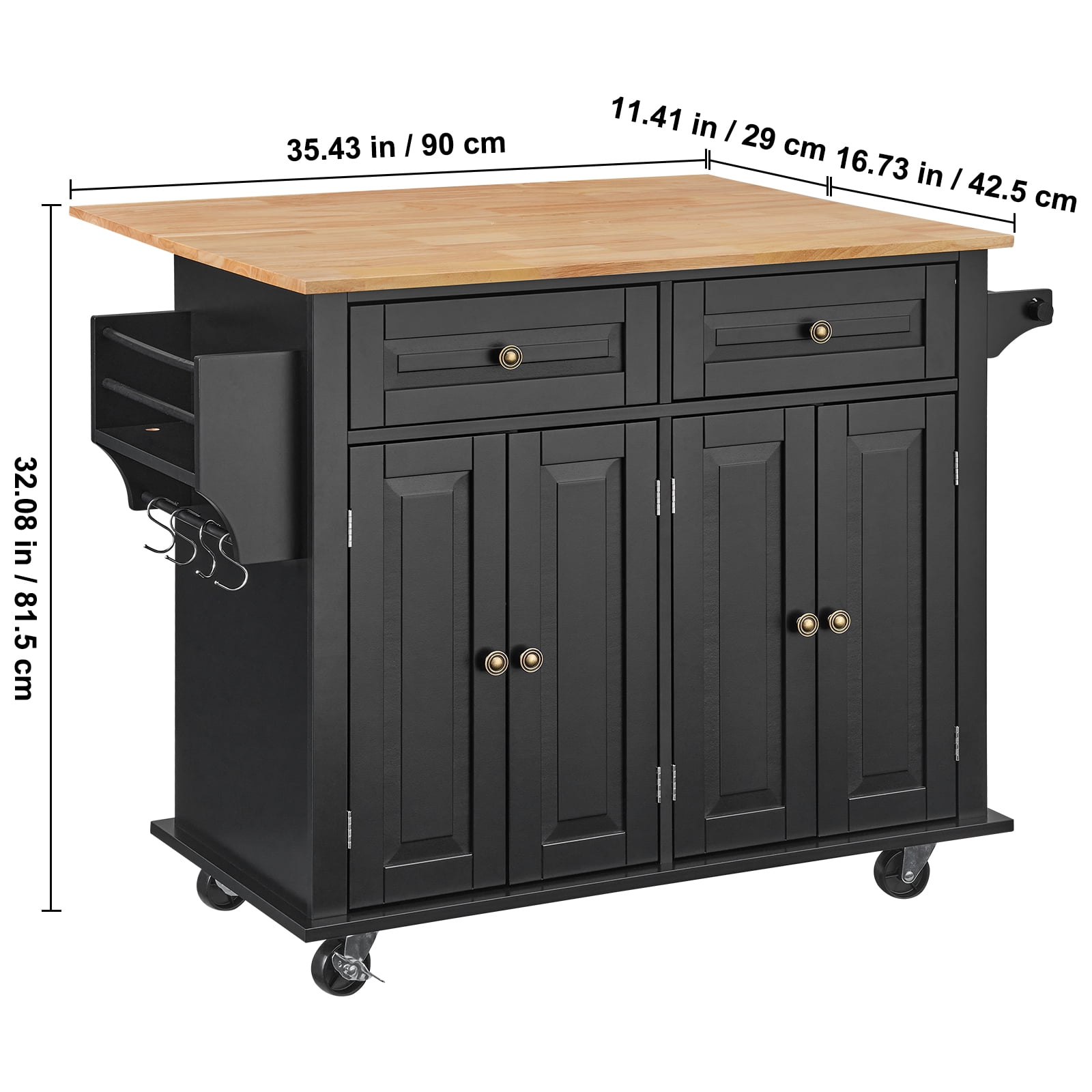 KFFKFF Mobile Kitchen Island, 43" Wooden Surface, Equipped with Cabinet Storage, Extendable Table, Spice Holder, Towel Handle, Single Drawer, and Hooks, Easy-to-Move Casters, in Black