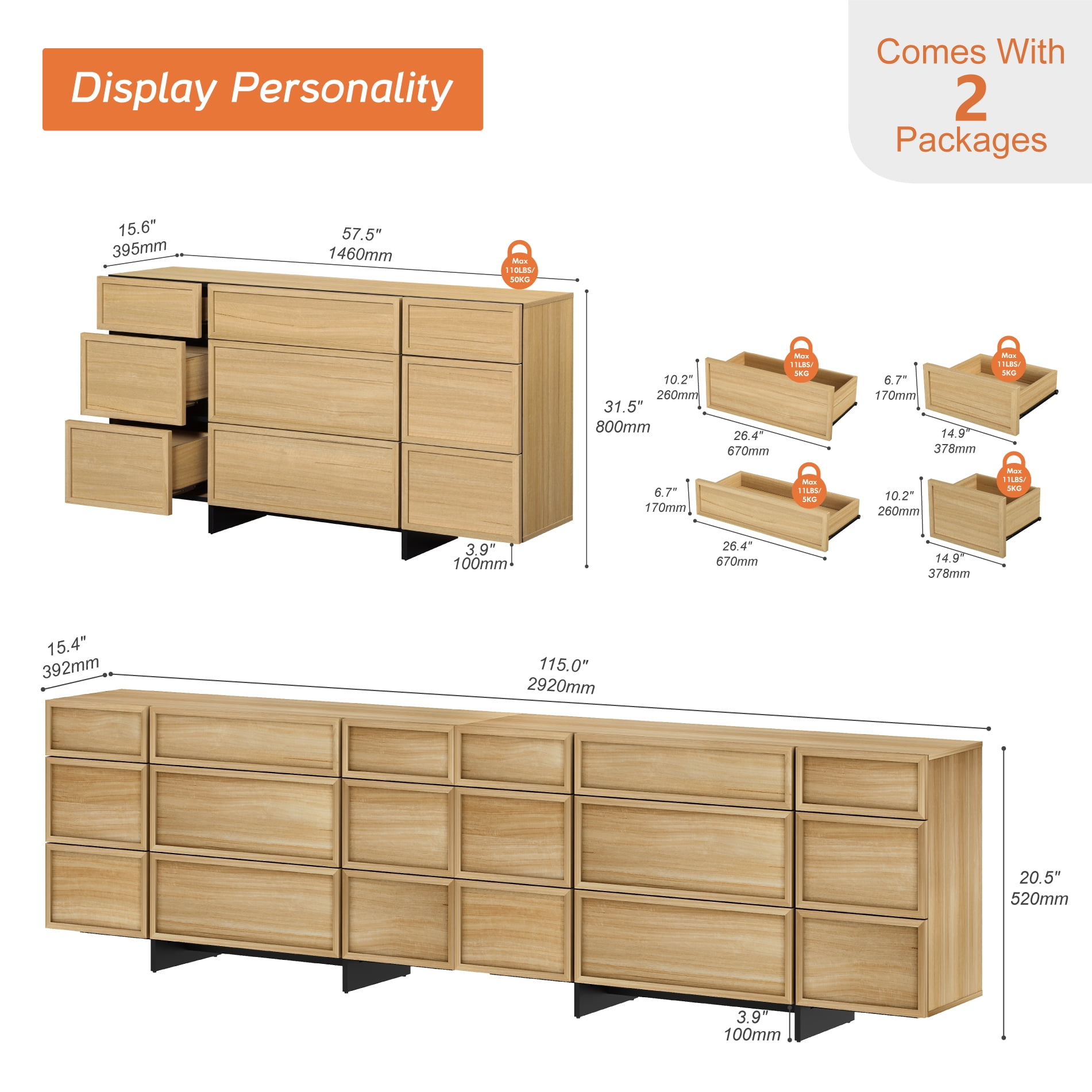 Modern Picture Frame Sideboard Buffet Cabinet with 18 Drawers and T-Shaped Wood Legs, Multifunctional Large Storage Coffee Bar Cabinet Organizer for Kitchen, Dining Room,Oak