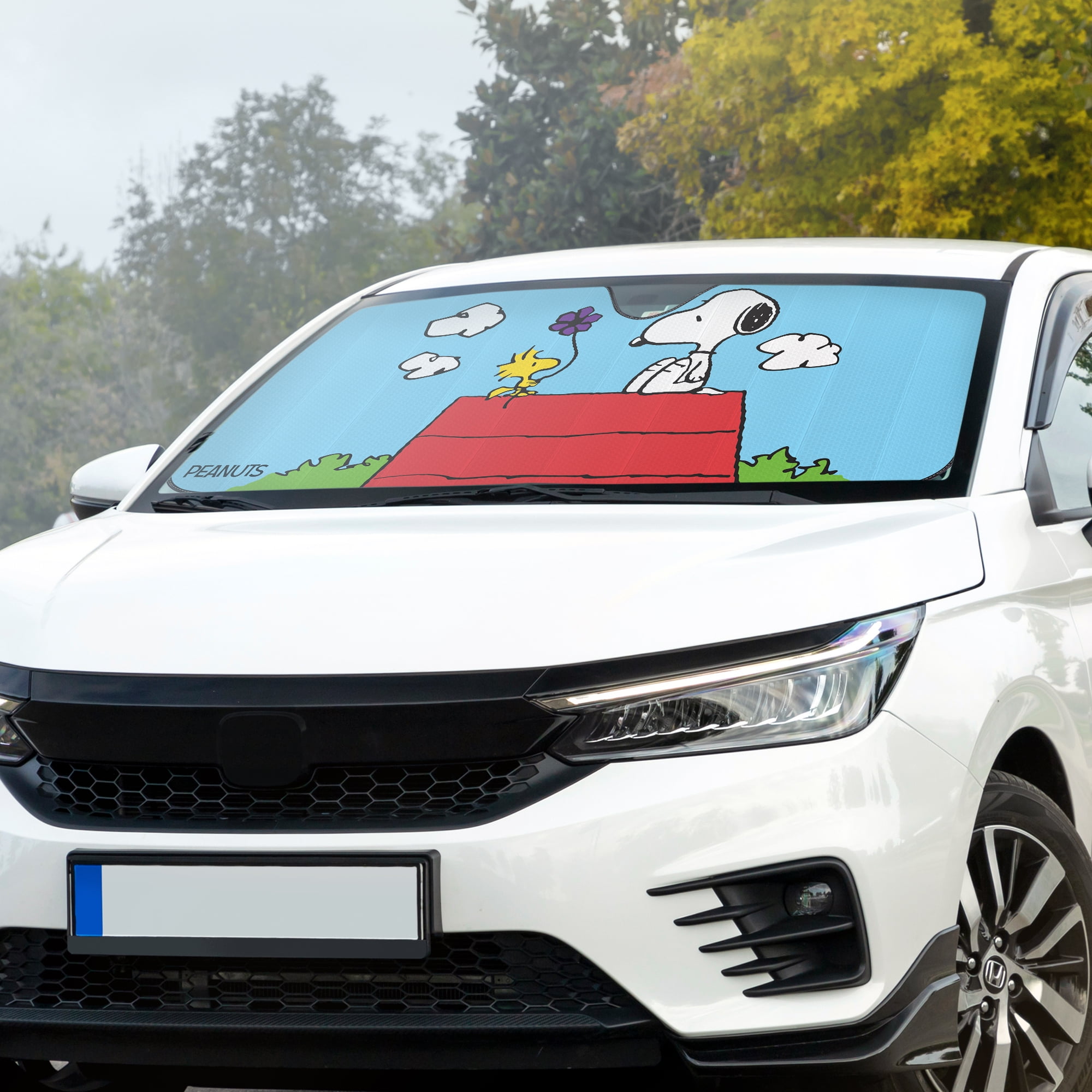 Snoopy Car Windshield Sunshade + Snoopy Keychain + Little Trees Black Ice Air Freshener – Cute 3-Piece Auto Interior Gift Set – Universal Fit Front Window Protector for Cars, Trucks, SUVs