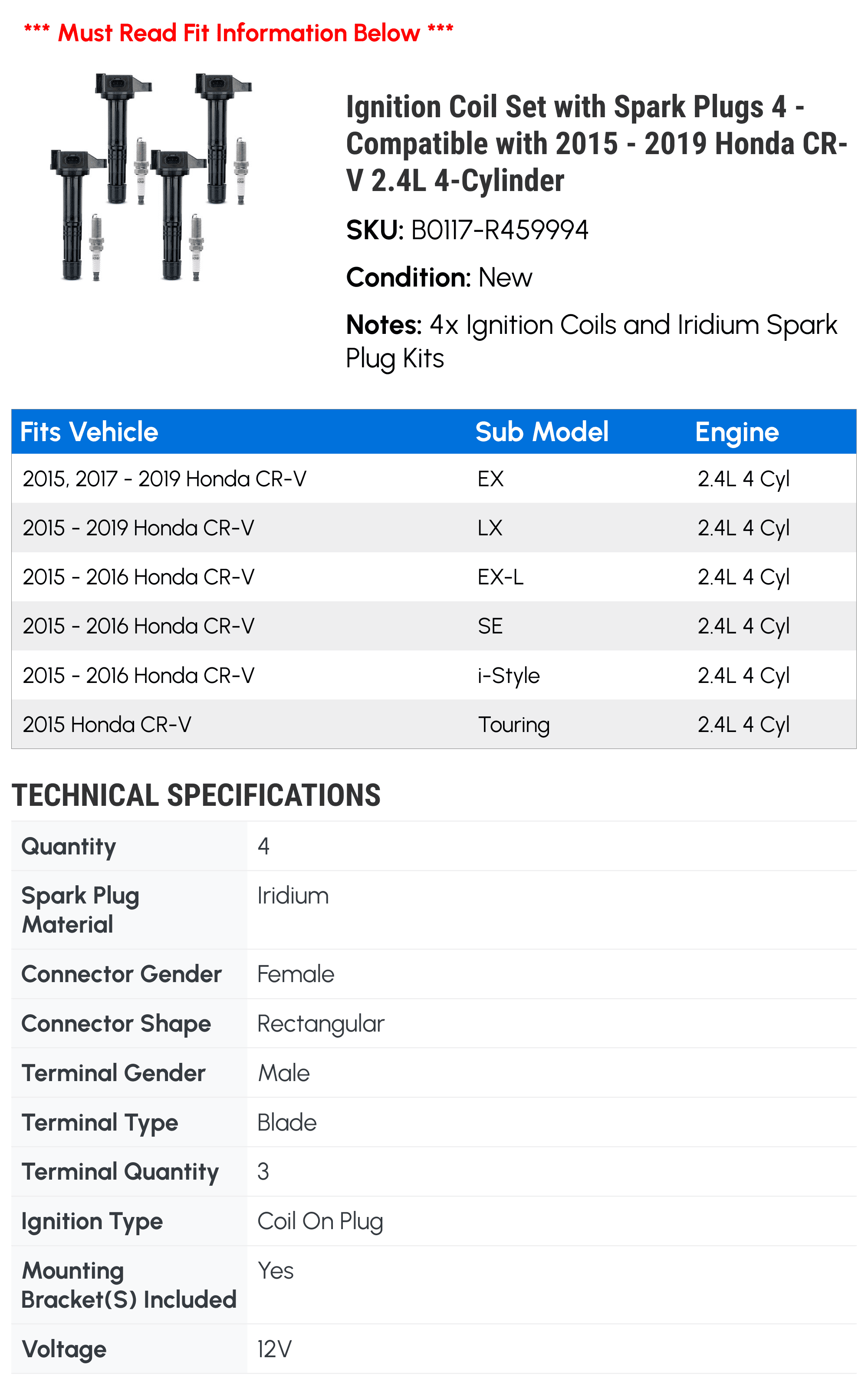 Ignition Coil Set with Spark Plugs 4 - Compatible with 2015 - 2019 Honda CR-V 2.4L 4-Cylinder - Autopart Premium