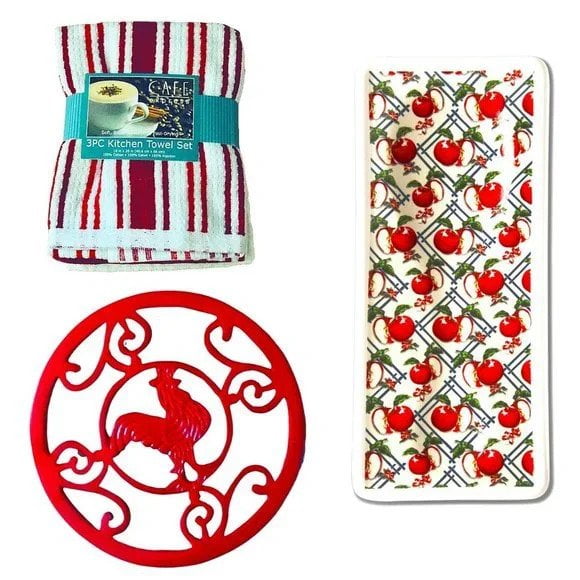RED Kitchen Set 3 Kitchen Towels Rooster Trivet Floral Spoon Rest