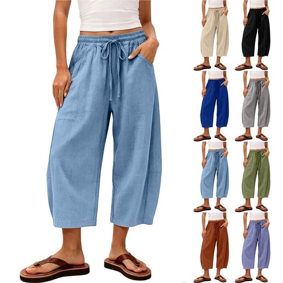 Bloomae Capri Pants for Women Casual Drawstring Elastic Waist Wide Leg Baggy Cropped Barrel Capris Loose Fit Comfy Lounge Trousers with Pockets