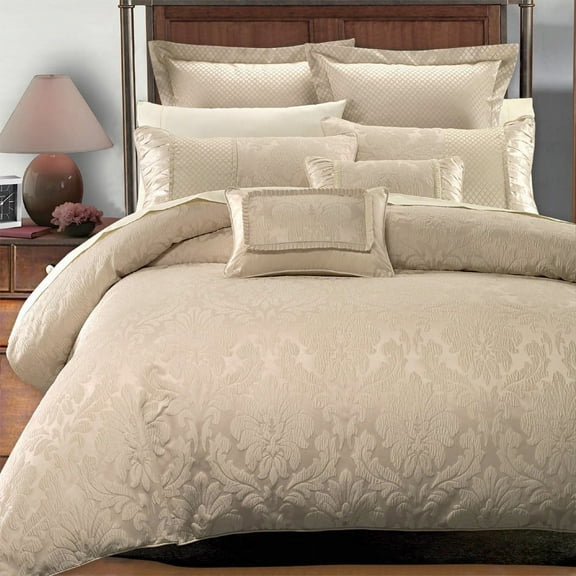 Soft 7-PC Duvet Cover Woven Jacquard Bedding Set With Shams & Decorative Pillows - Full/Queen - Sara Beige