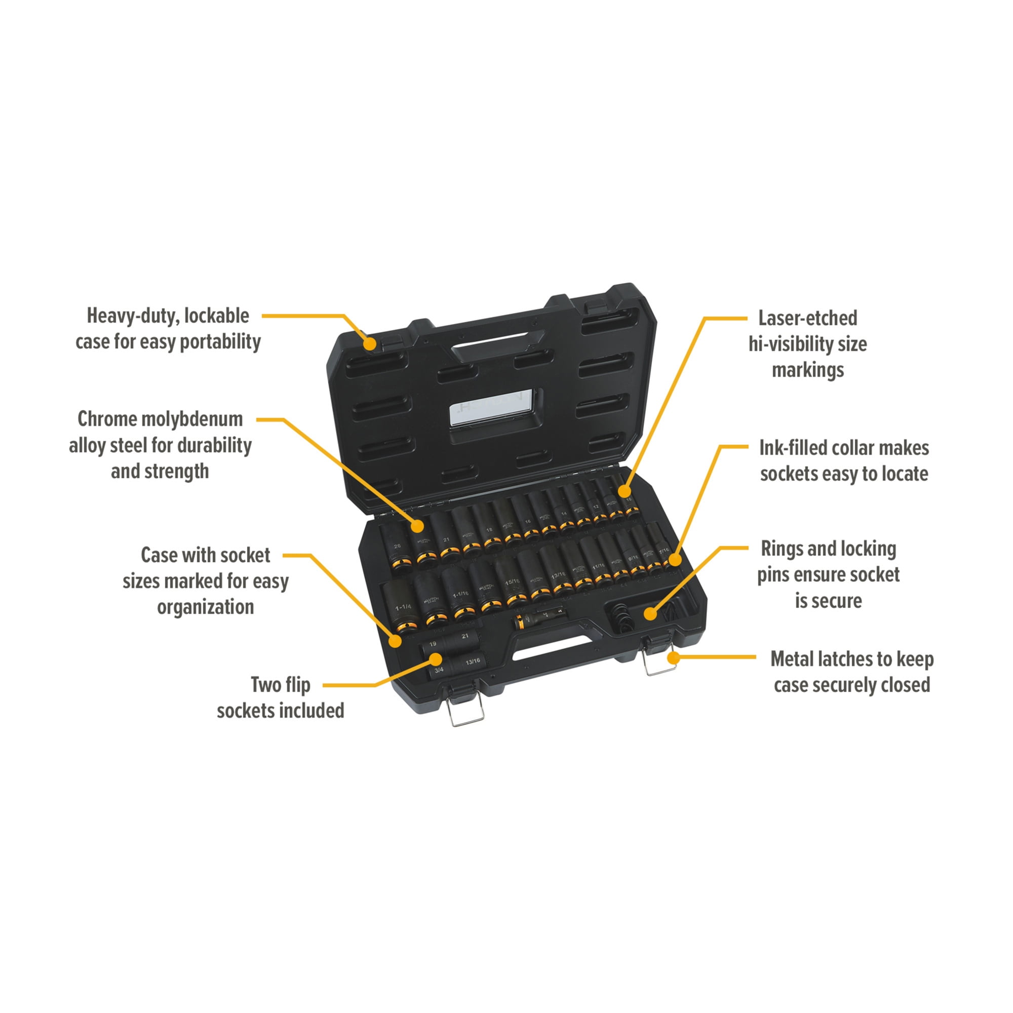 Klutch 1/2in.-Drive Deep Impact Socket Set, SAE + Metric, Chrome Molybdenum, 29-Pc.