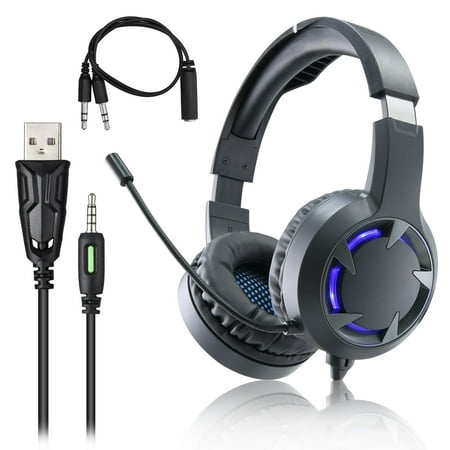 Gaming Headset with Mic for Xbox One, PS4, Nintendo Switch and PC, Surround Sound Over-Ear Gaming Headphones with Noise Cancelling Mic, LED Lights, Volume Control for Smart Phone Laptops Mac