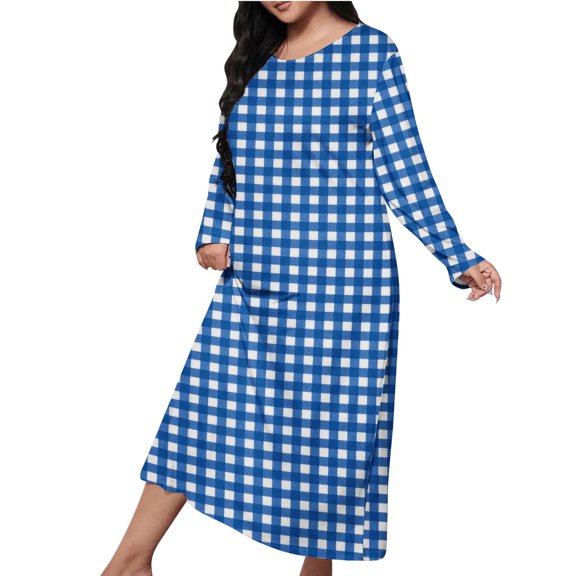 MGDXOX Women's Plus Size Nightgowns Polka Dot Printed Nightdress Crew Neck Comfy Loungewear Soft Long Sleeve Sleepwear Blue M