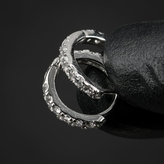 Small Rhodium Plated 925 Sterling Silver Iced Cz Huggie Elegant Unisex Thin Hoop Earrings