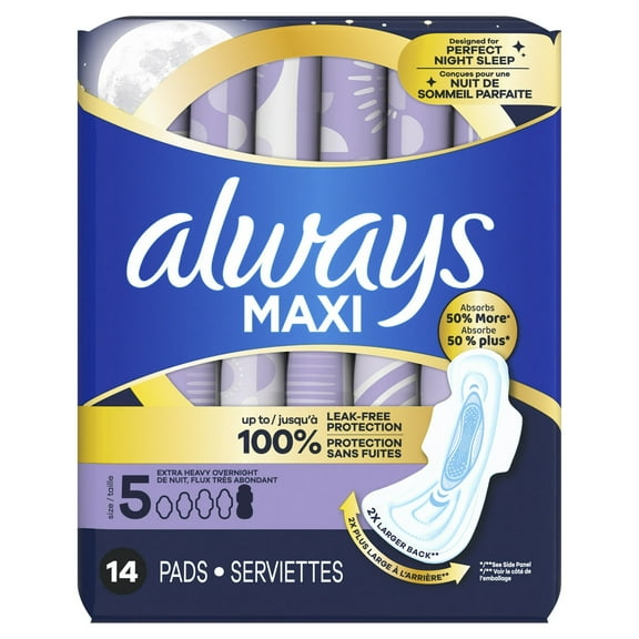 Always Maxi Pads Extra Heavy Overnight Absorbency with Wings, Size 5, 14 Ea, 2 Pack