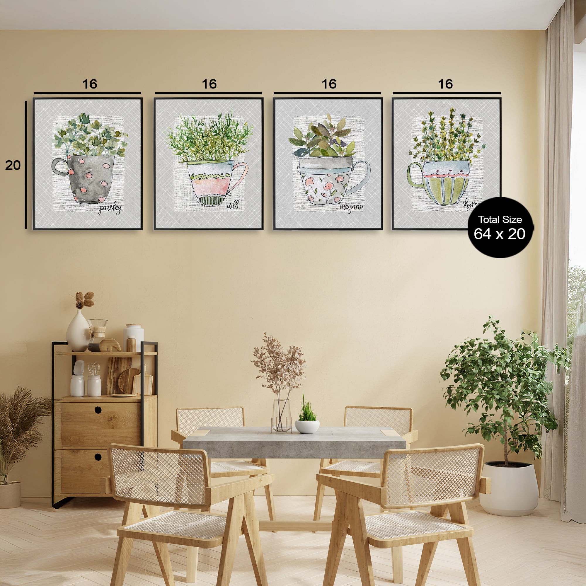 Stupell Industries Kitchen Herbs in Mugs 4 Piece Black Framed Giclee Art Set, design by Livi Finn