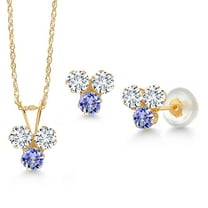 Gem Stone King 14K Yellow Gold White Lab Grown Diamond and Blue Tanzanite 3 Stone Pendant and Earrings Jewelry Set for Women (1.05 Cttw, Round 3MM, with 18 inch Chain)