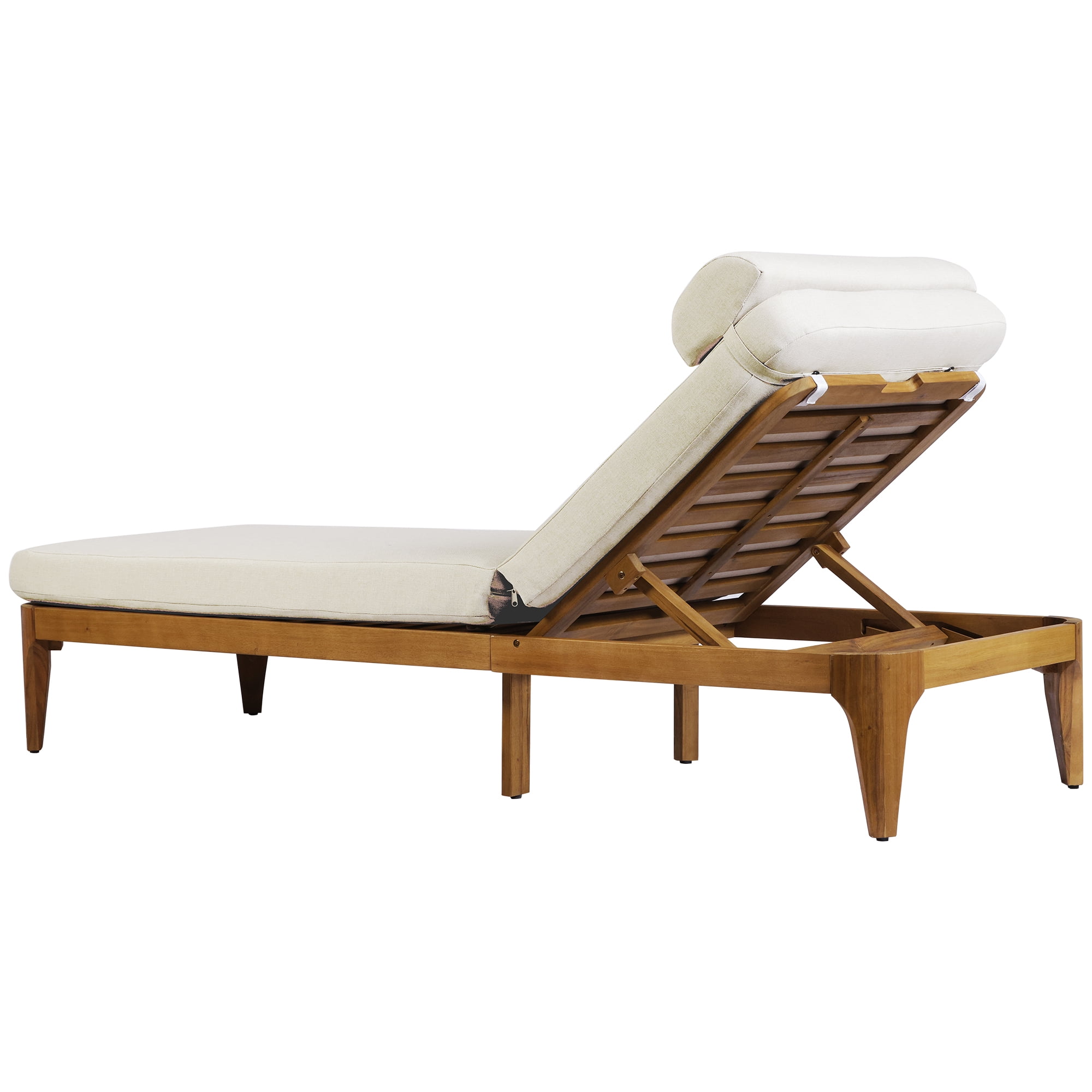 Mintazer Outdoor Chaise Lounge Chair with Removable Cushion & Head Pillow, Patio Recliner with 4 Gear Adjustable Recliner & Anti-Slip Feet for Poolside Backyard, Natural & Beige