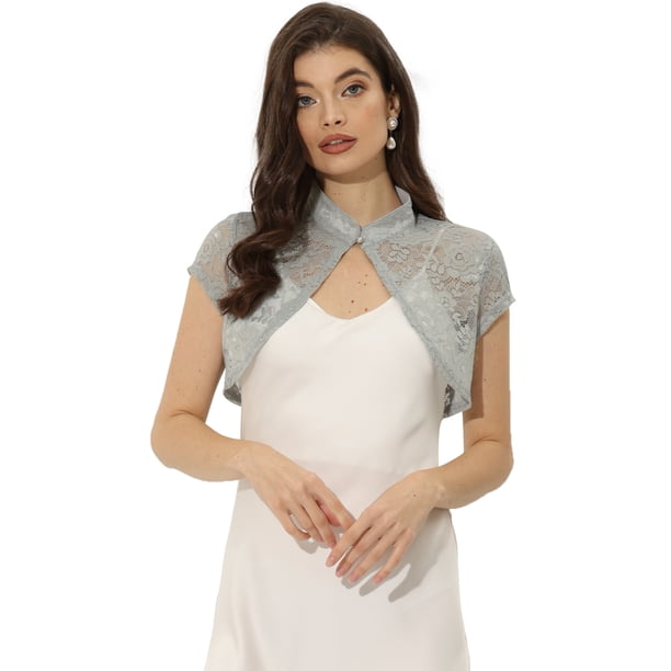 Cárdigan de encaje para mujer, cuello alto, corto, elegante, encogimiento de hombros Gris XS