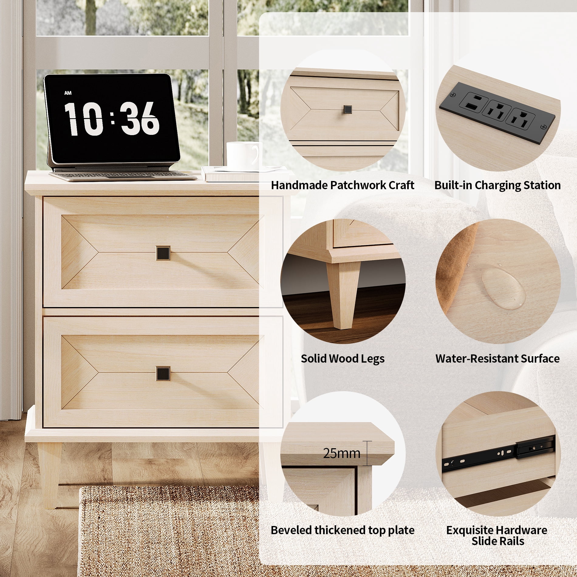 WAMPAT Nightstand with Charging Station, Modern Farmhouse Bedside Table with Storage Drawers & Solid Wood Legs, Beige End Table for Bedroom Living Room, Light Beige