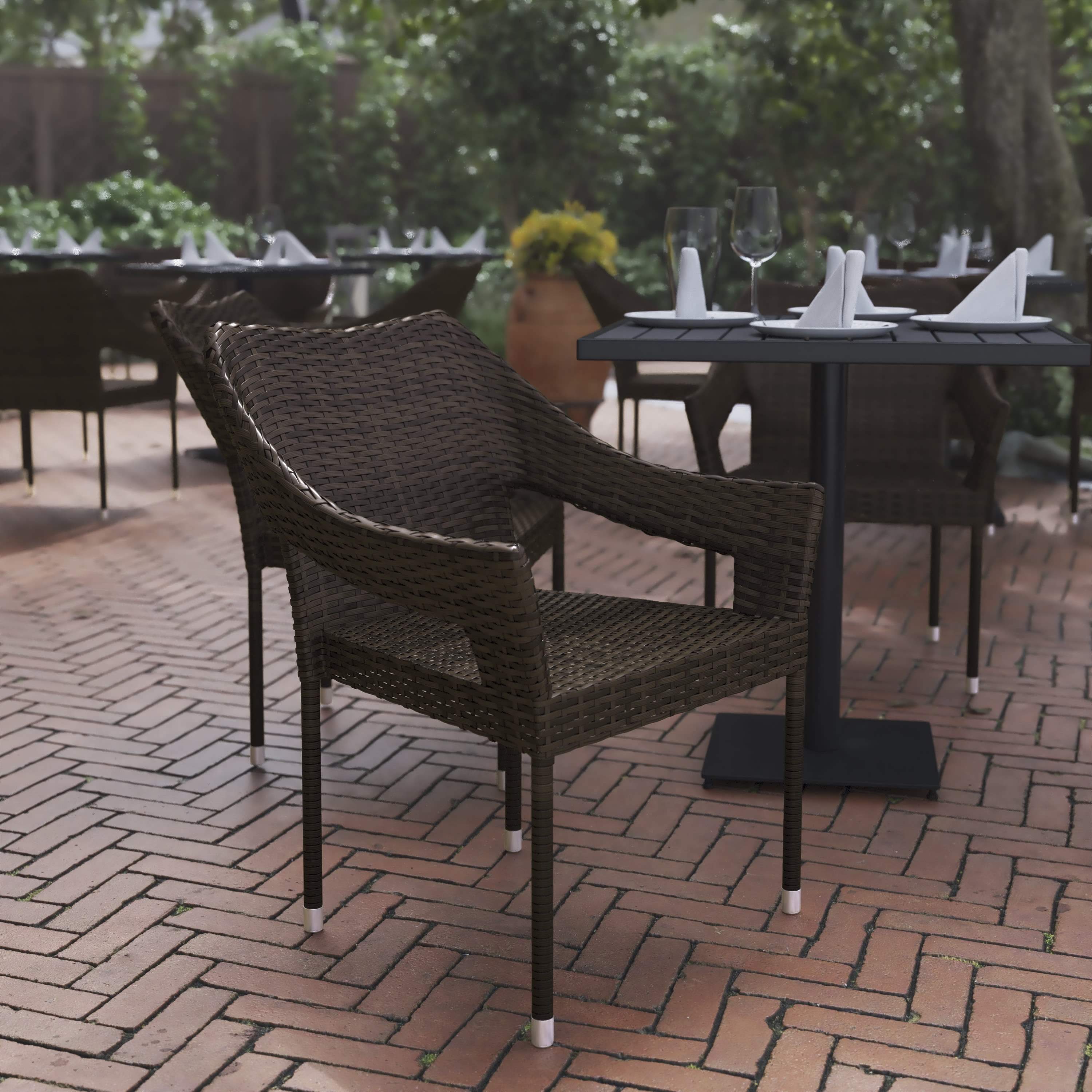 BizChair Commercial Grade Stacking Patio Chair, All Weather PE Rattan Wicker Patio Dining Chair in Espresso