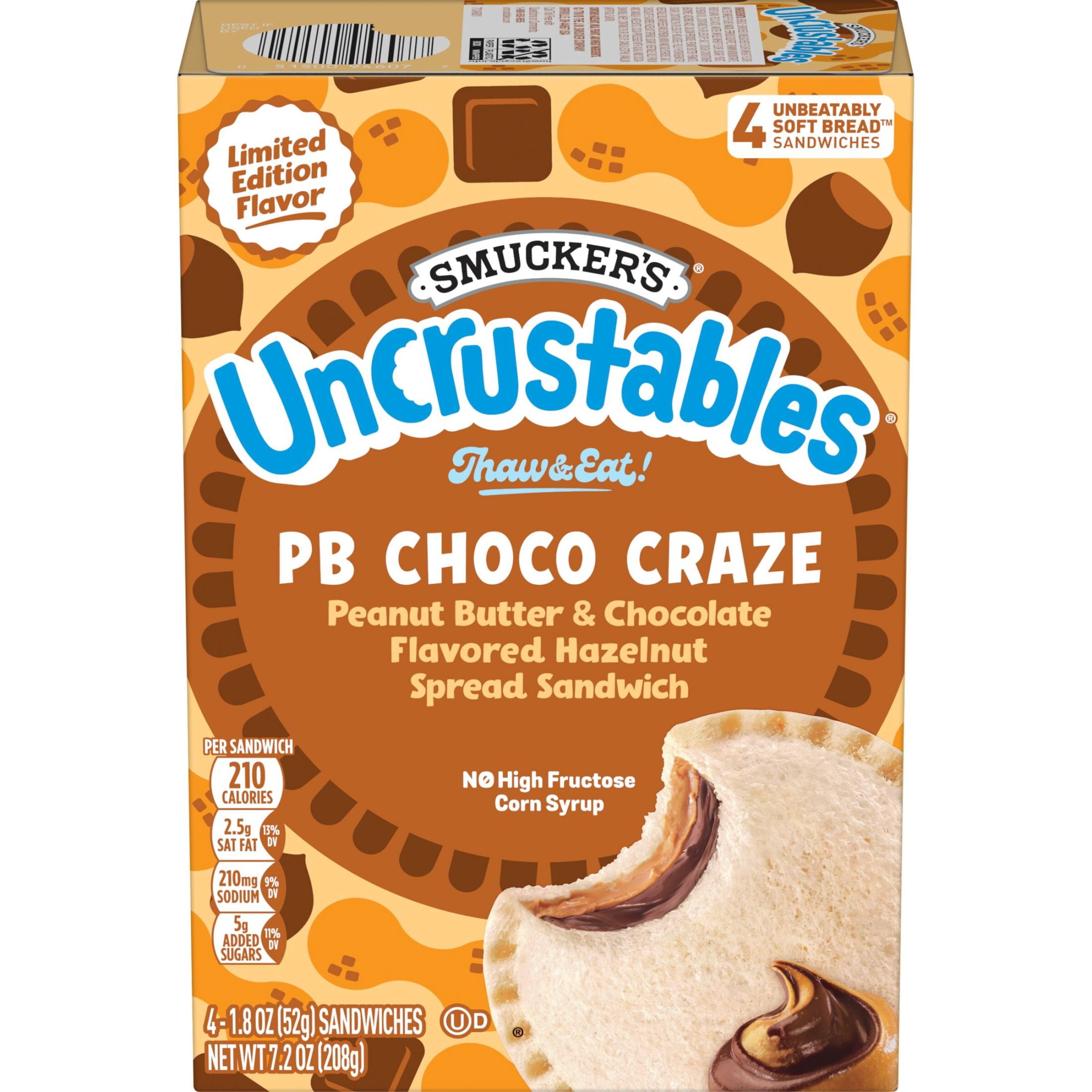 Smucker’s Uncrustables Peanut Butter and Chocolate Flavored Hazelnut Spread Sandwiches, 4 Count, 1.8 oz Each, Frozen, Limited Time Only