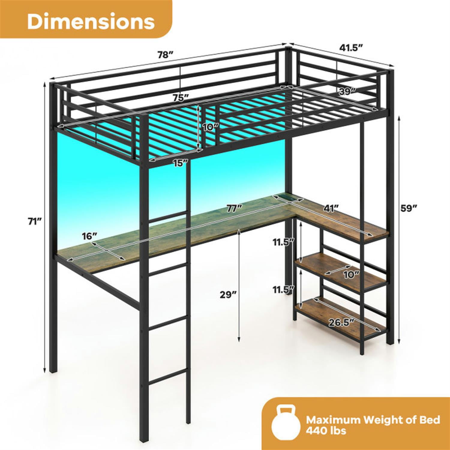 Demi Bonn Twin Size Loft Bed Raised Platform Bed with Desk and 2 Storage Shelves for Teens, Black