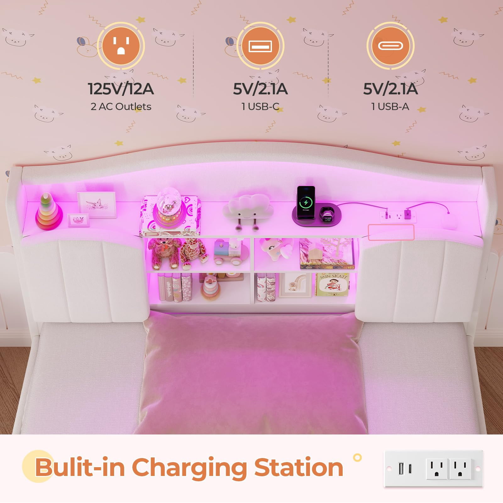 Afuhokles Velvet Upholstered Full Size Bed Frame with 4 Drawers and Hidden Storage Headboard, LED Lights and Charging Station,White