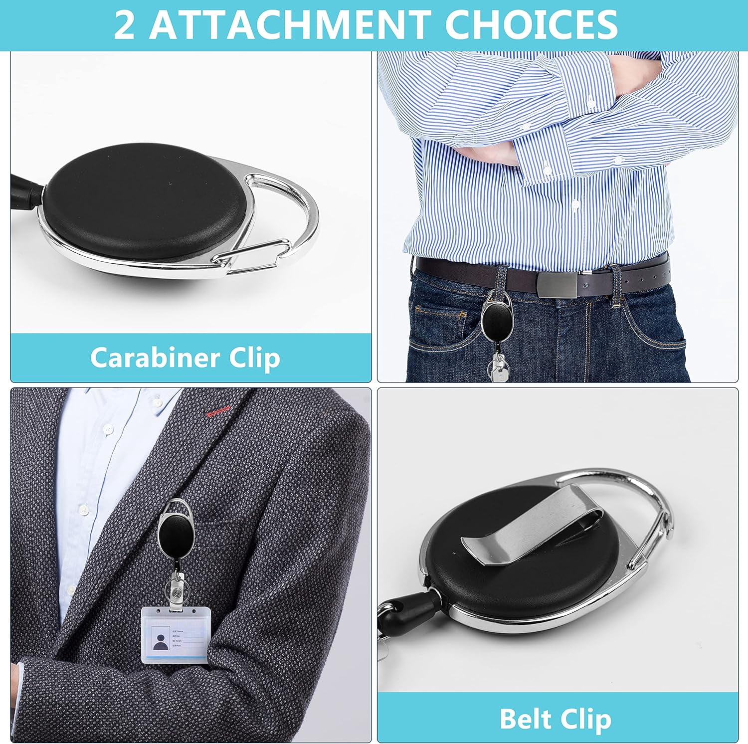 20 Pack Retractable Badge Holder with Carabiner Reel Clip, Bulk ID Card Key Holder with Ring, Heavy Duty Black Key Chain Extender for Office Work Employee