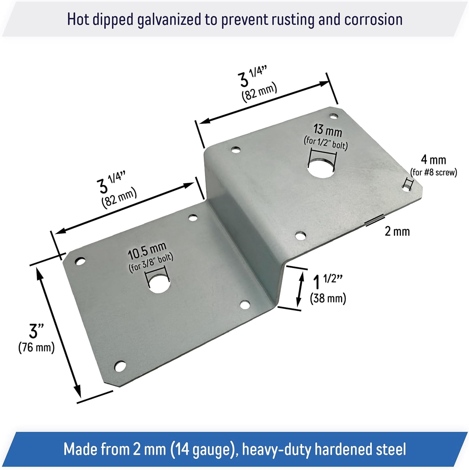 Galvanized Deck Joist Tie Plate, Z Bracket for 2x4 Cross Joist and 4x4 Post - Corner Brace Support, 14 Gauge (6 Pack)