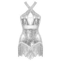 TiaoBug Women Sequins Tassel Latin Jazz Dance Dress Criss Cross Back Leotard Tango Ballroom Bodysuit Silver M