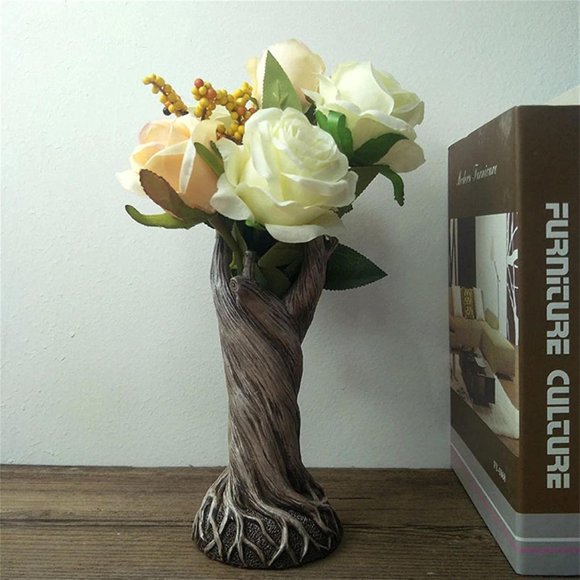 Dryad Vase Ornament, Artificial Flower Pot Planter Wood-Like Resin Tree Trunk Furnishings Handmade Crafts Decoration for Home Living Room Office Bedroom (Brown)