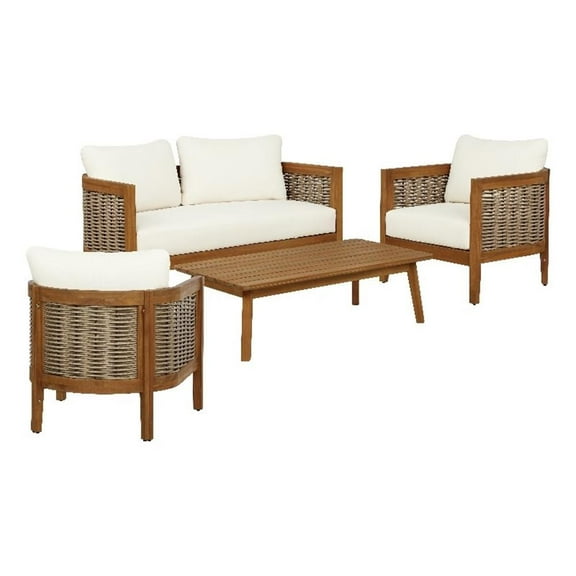 Linon Panama Loveseat Table & 2 Chair Set Beige Cushions in Brown Acacia Wood