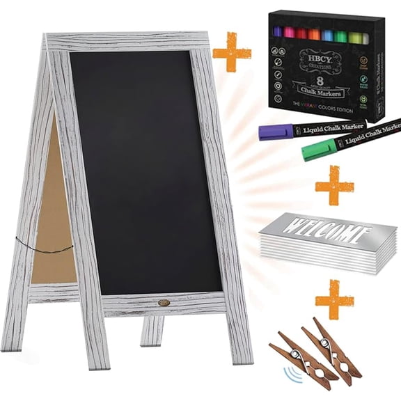 A Frame Chalkboard 40x20 Solid Wood A-Frame Sign Whitewashed Double-Sided Magnetic Board, Chalkboard Menu Board, for Restaurants, Cafés, Weddings - Heavy Duty Hinges