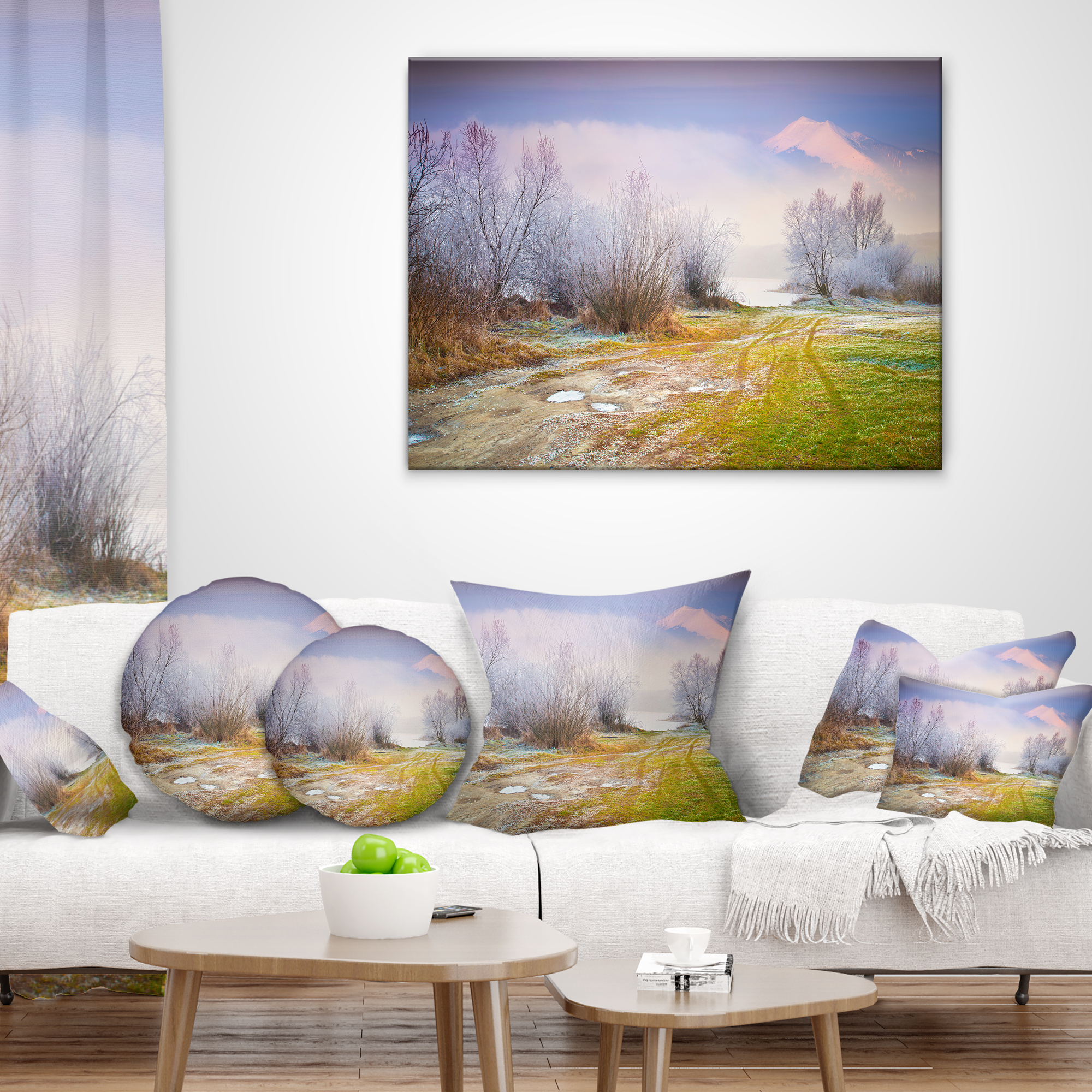 Designart Beautiful Foggy Autumn Sunset - Landscape Printed Throw Pillow - 16x16