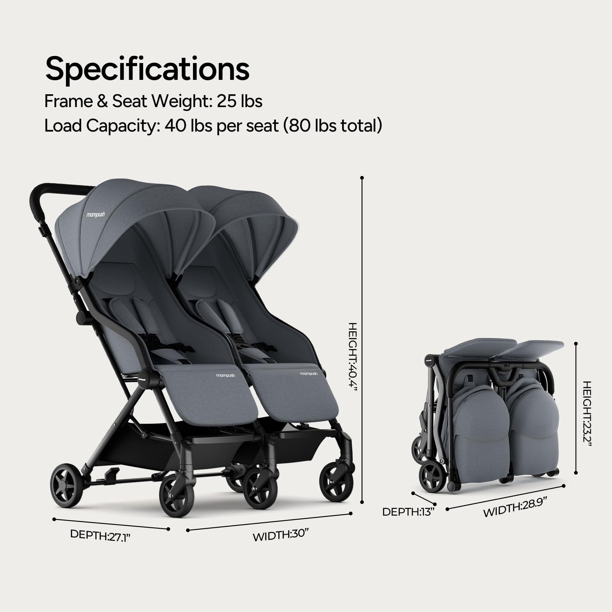 Mompush Lithe Double Stroller with Two Large Individual Side by Side Recline Seat, Gray, 24.5LB, Unisex