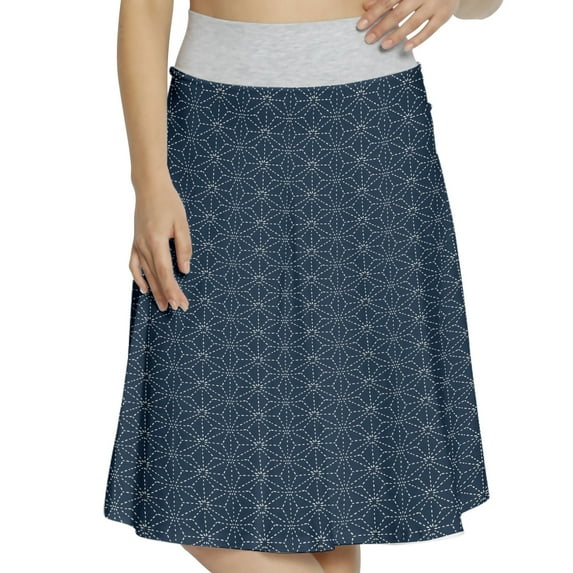 Women's Japanese Dashed Lines Floral Motifs A-line Printed Skirt Casual Wear, L, Indigo and White, by Ambesonne